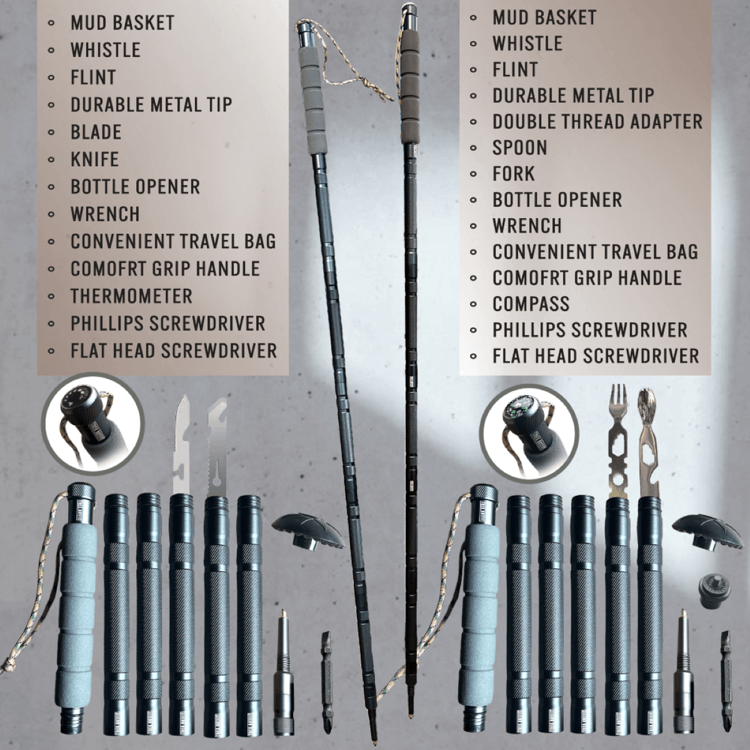 Survival tools included with Trek Outfit Trekking Poles, featuring spoon, fork, flintstone, and functional blade
