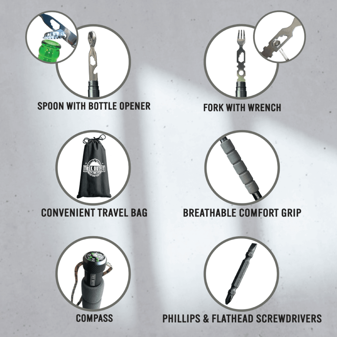 Trek Outfit Tactical Hiking Stick featuring survival tools like flintstone, whistle, and double screwdriver