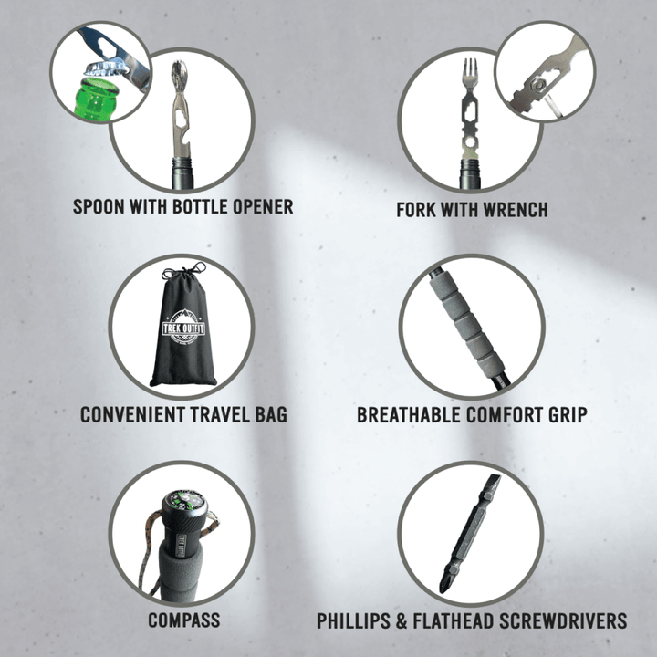 Trek Outfit Tactical Hiking Stick featuring survival tools like flintstone, whistle, and double screwdriver