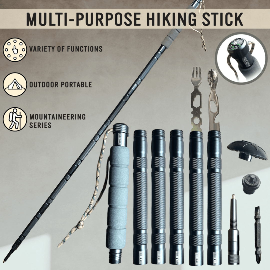 Close-up of the built-in compass on the Trek Outfit Tactical Hiking Stick for precise navigation