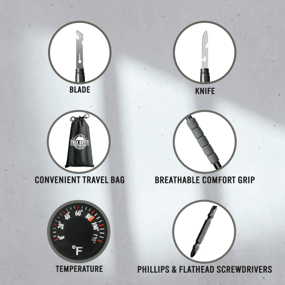 Survival tools included with the Trek Outfit Tactical Hiking Stick, featuring flintstone, whistle, and functional blade