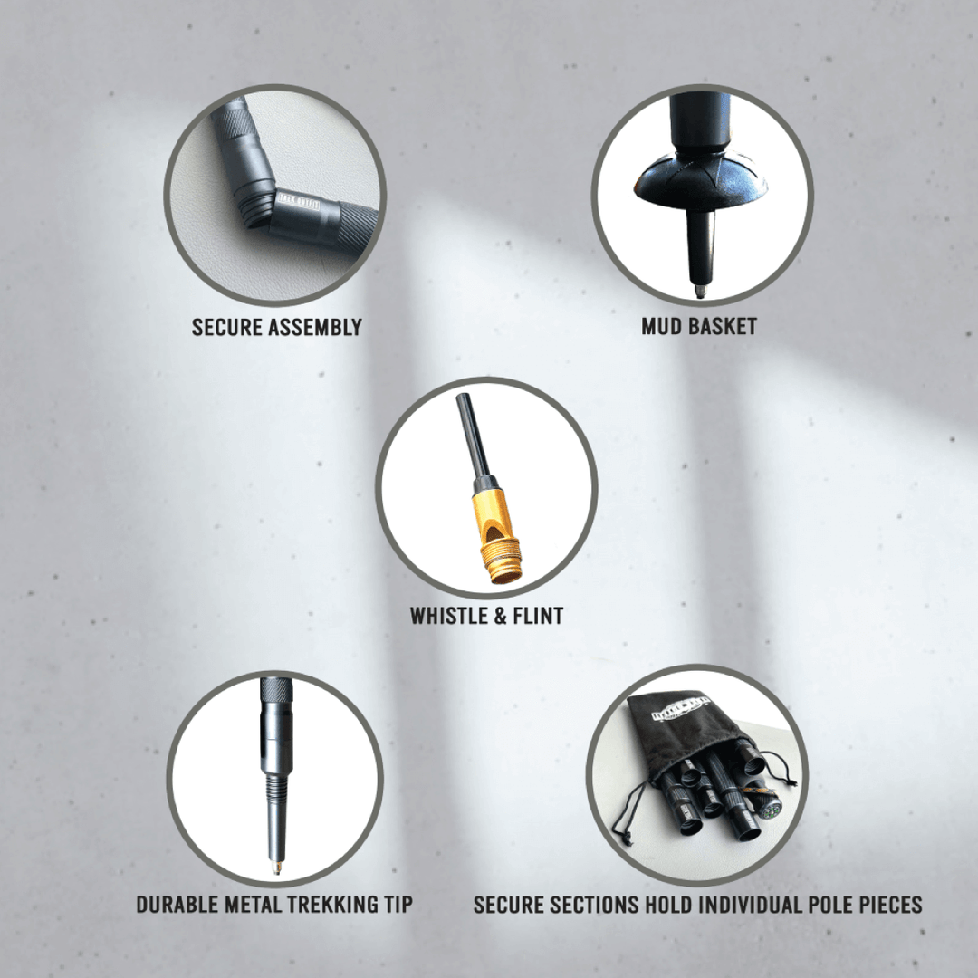Complete packaging of Trek Outfit Tactical Hiking Stick with all accessories, including rubber boot tips and a carrying case