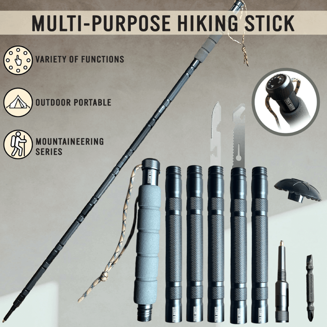 Close-up of the built-in temperature gauge on the Trek Outfit Tactical Hiking Stick for precise weather tracking