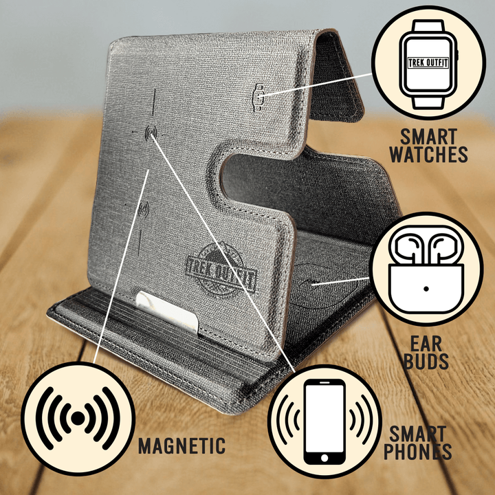 Trek Outfit 3-in-1 Magnetic PU Leather Wireless Charging Station for iPhone, AirPods & iWatch - Foldable & Portable