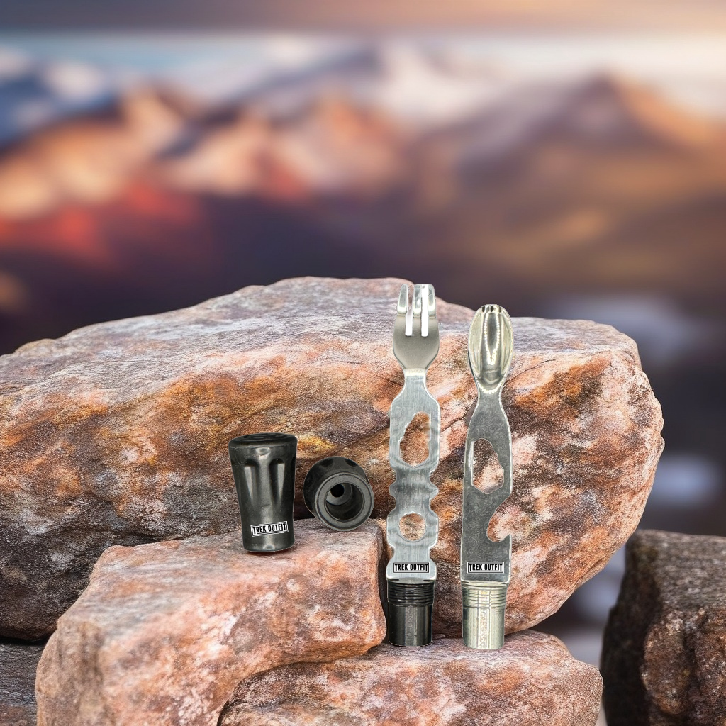 Trek Outfit accessory set with multifunctional fork, spoon, and rubber boot tips for outdoor adventures.